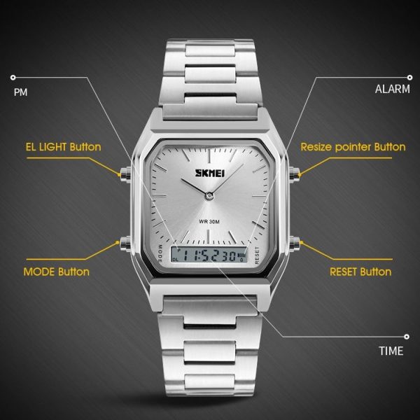 SKMEI 1220 Multifunctional Men Outdoor Business Noctilucent Waterproof Double Display Steel Watchband Wrist Watch (Gold) - Image 4