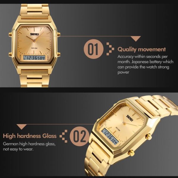 SKMEI 1220 Multifunctional Men Outdoor Business Noctilucent Waterproof Double Display Steel Watchband Wrist Watch (Gold) - Image 7