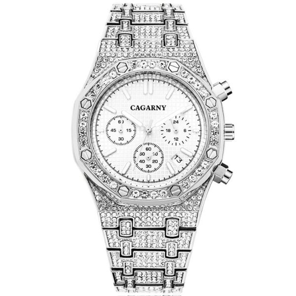 CAGARNY 6881 Diamond-studded Six-needles Guartz Dual Movement Watch Men Stainless Steel Strap Watch (Silver Shell White Dial) - Image 2