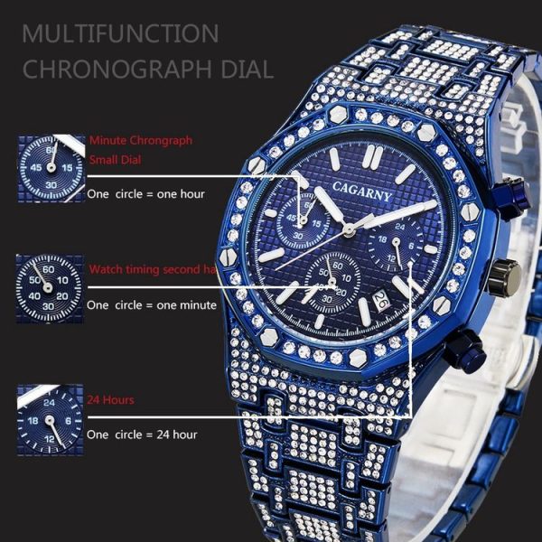 CAGARNY 6881 Diamond-studded Six-needles Guartz Dual Movement Watch Men Stainless Steel Strap Watch (Silver Shell White Dial) - Image 6