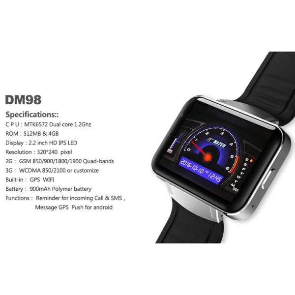DOMINO DM98 Smart Watch Phone, 512MB + 4GB, 2.2 inch IPS Capacitive Touch Screen MT6572A Dual Core 1.2Ghz Bluetooth 4.0 Smart Watch Phone, Support GSM / WCDMA / WiFi / GPS / BT / Facebook / WhatsApp / Apps From Downloading / Anti-lost (Black) - Image 6