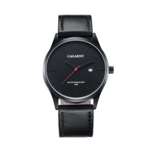 CAGARNY 6865 Fashion Dual Quartz Movement Wrist Watch with Genuine Leather Band (Black)