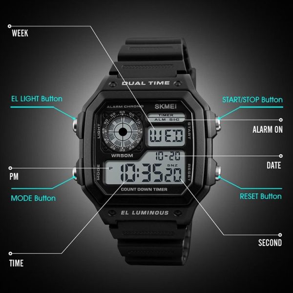 SKMEI 1299 Multifunctional Outdoor Sports Noctilucent Waterproof Digital Display Wrist Watch (Army Green) - Image 7