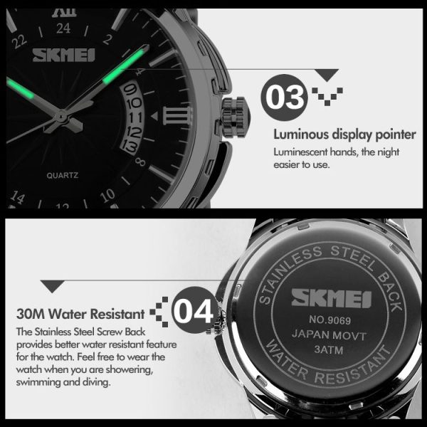 SKMEI 9069 Multifunctional Outdoor Fashion Business Waterproof Silver Shell Quartz Wrist Watch (Gold) - Image 4