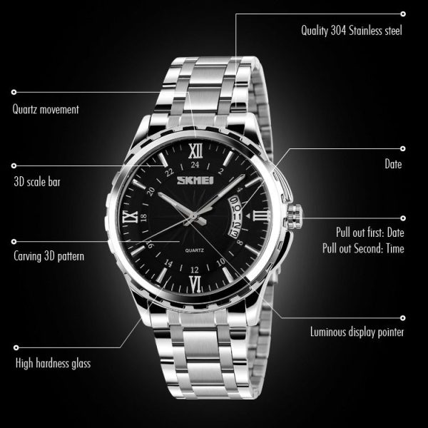 SKMEI 9069 Multifunctional Outdoor Fashion Business Waterproof Silver Shell Quartz Wrist Watch (Gold) - Image 6
