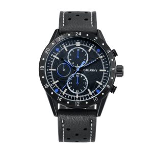 CAGARNY 6828 Fashionable Multifunctional Quartz Sport Wrist Watch with Leather Band & GMT Time & Calendar & Luminous Display for Men (Black Window Blue Needle)