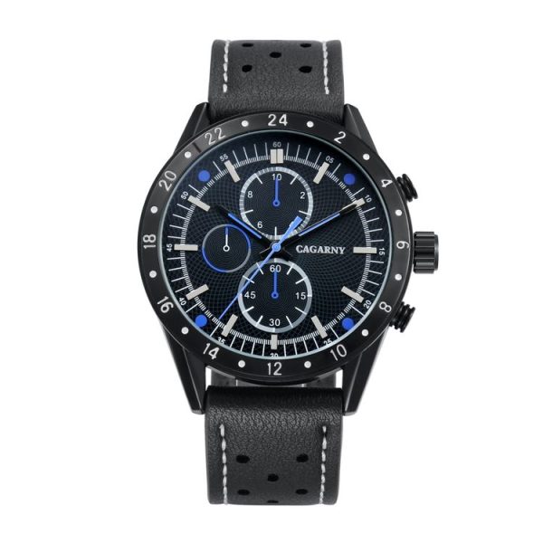 CAGARNY 6828 Fashionable Multifunctional Quartz Sport Wrist Watch with Leather Band & GMT Time & Calendar & Luminous Display for Men (Black Window Blue Needle) - Image 2