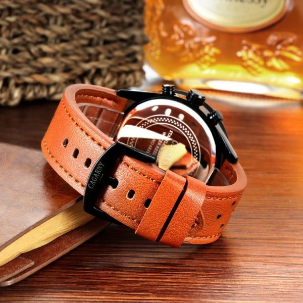 CAGARNY 6828 Fashionable Multifunctional Quartz Sport Wrist Watch with Leather Band & GMT Time & Calendar & Luminous Display for Men (Black Window Blue Needle) - Image 3