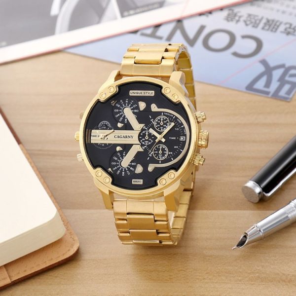 CAGARNY 6820 Fashionable Business Style Large Dial Calendar Display Men Quartz Dual Movement Watch with Stainless Steel Band (Gold + Black) - Image 3