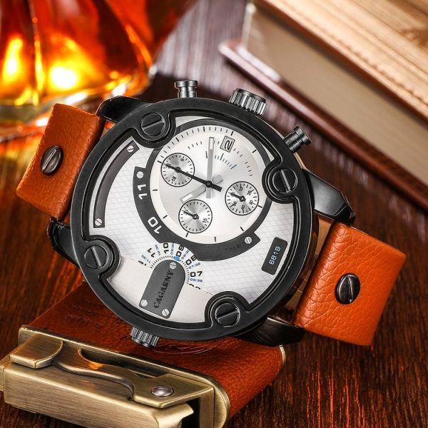 CAGARNY 6819 Fashionable Multifunctional Dual Time Zone Quartz Business Sport Wrist Watch with Leather Band & GMT Time & Calendar & Luminous Display for Men (Black Case) - Image 3