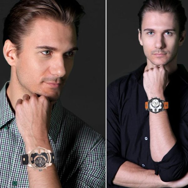 CAGARNY 6819 Fashionable Multifunctional Dual Time Zone Quartz Business Sport Wrist Watch with Leather Band & GMT Time & Calendar & Luminous Display for Men (Black Case) - Image 6