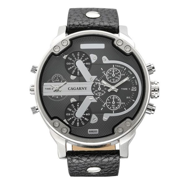 CAGARNY 6820 Fashionable Multifunctional Style Quartz Business Sport Wrist Watch with Leather Band & GMT Time & Calendar & Luminous Display for Men (Black) - Image 2