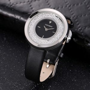 CAGARNY 6878 Water Resistant Fashion Women Quartz Wrist Watch with Leather Band (Black+Silver+Black)