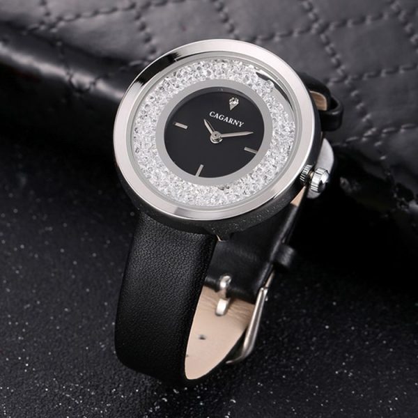 CAGARNY 6878 Water Resistant Fashion Women Quartz Wrist Watch with Leather Band (Black+Silver+Black)