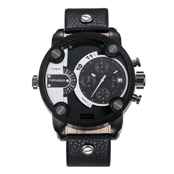 CAGARNY 6818 Fashionable DZ Style Large Dial Dual Clock Quartz Movement Sport Wrist Watch with Leather Band & Calendar Function for Men (Black Band Black Case) - Image 2
