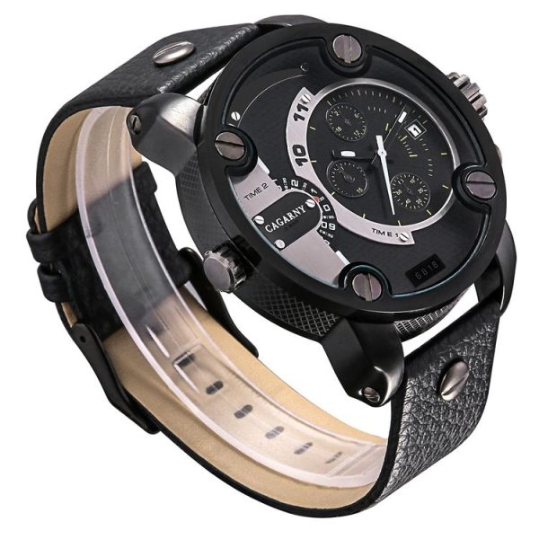 CAGARNY 6818 Fashionable DZ Style Large Dial Dual Clock Quartz Movement Sport Wrist Watch with Leather Band & Calendar Function for Men (Black Band Black Case) - Image 4