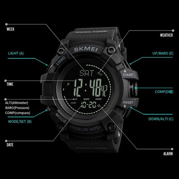 SKMEI 1358 Multifunctional Men Outdoor Sports 30m Waterproof Digital Watch with Compass / Barometer / Altimeter / Pedometer Function (Black) - Image 5