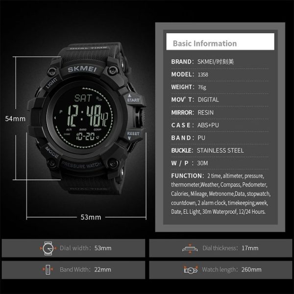 SKMEI 1358 Multifunctional Men Outdoor Sports 30m Waterproof Digital Watch with Compass / Barometer / Altimeter / Pedometer Function (Black) - Image 7