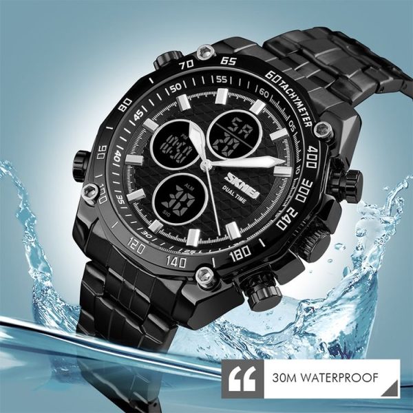 SKMEI 1302 Fashion Men Leisure Wrist Watch Multifunctional Dual-time Sports Digital Watch with Stainless Steel Watchband 30m Waterproof (Silver+Black) - Image 10