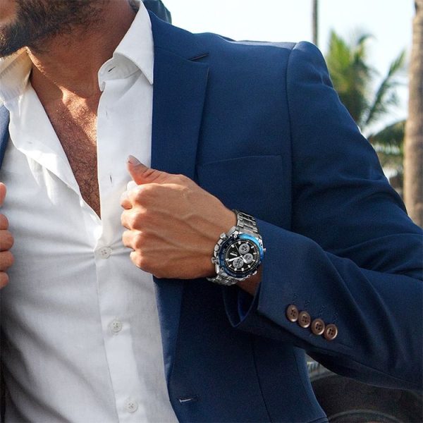 SKMEI 1302 Fashion Men Leisure Wrist Watch Multifunctional Dual-time Sports Digital Watch with Stainless Steel Watchband 30m Waterproof (Silver+Black) - Image 11