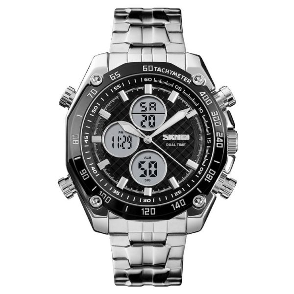 SKMEI 1302 Fashion Men Leisure Wrist Watch Multifunctional Dual-time Sports Digital Watch with Stainless Steel Watchband 30m Waterproof (Silver+Black) - Image 2