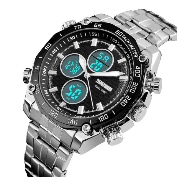 SKMEI 1302 Fashion Men Leisure Wrist Watch Multifunctional Dual-time Sports Digital Watch with Stainless Steel Watchband 30m Waterproof (Silver+Black) - Image 3