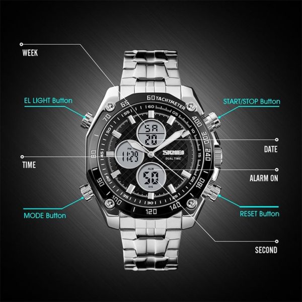 SKMEI 1302 Fashion Men Leisure Wrist Watch Multifunctional Dual-time Sports Digital Watch with Stainless Steel Watchband 30m Waterproof (Silver+Black) - Image 4