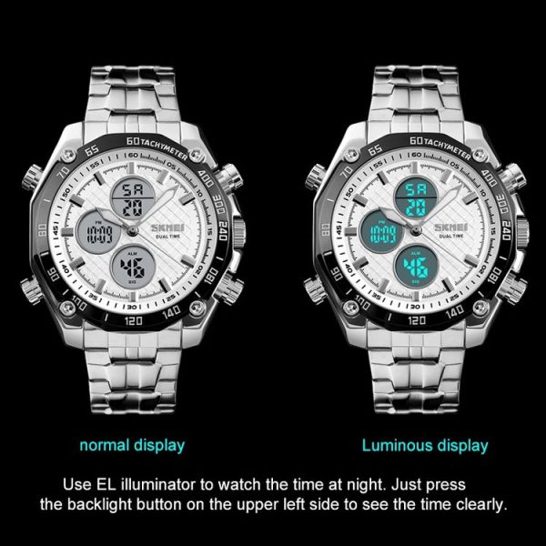 SKMEI 1302 Fashion Men Leisure Wrist Watch Multifunctional Dual-time Sports Digital Watch with Stainless Steel Watchband 30m Waterproof (Silver+Black) - Image 5