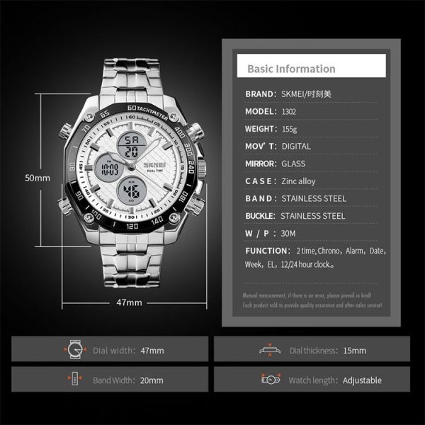 SKMEI 1302 Fashion Men Leisure Wrist Watch Multifunctional Dual-time Sports Digital Watch with Stainless Steel Watchband 30m Waterproof (Silver+Black) - Image 6