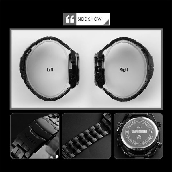SKMEI 1302 Fashion Men Leisure Wrist Watch Multifunctional Dual-time Sports Digital Watch with Stainless Steel Watchband 30m Waterproof (Silver+Black) - Image 7