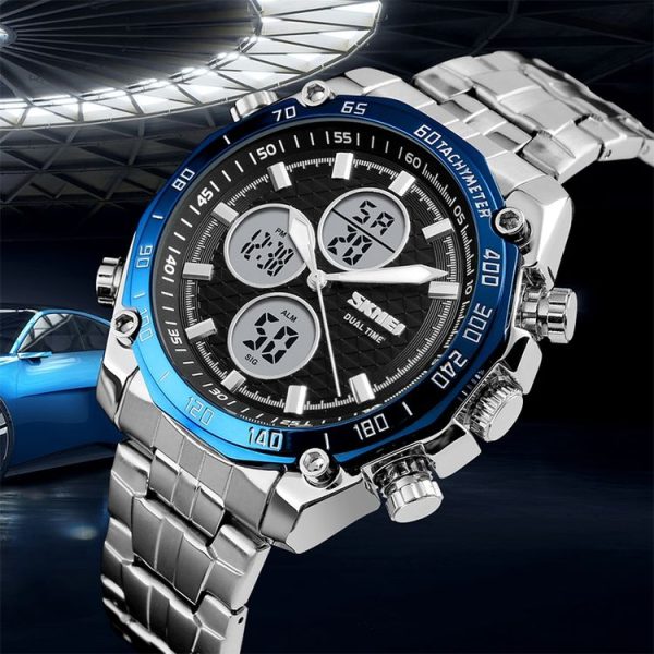 SKMEI 1302 Fashion Men Leisure Wrist Watch Multifunctional Dual-time Sports Digital Watch with Stainless Steel Watchband 30m Waterproof (Silver+Black) - Image 8