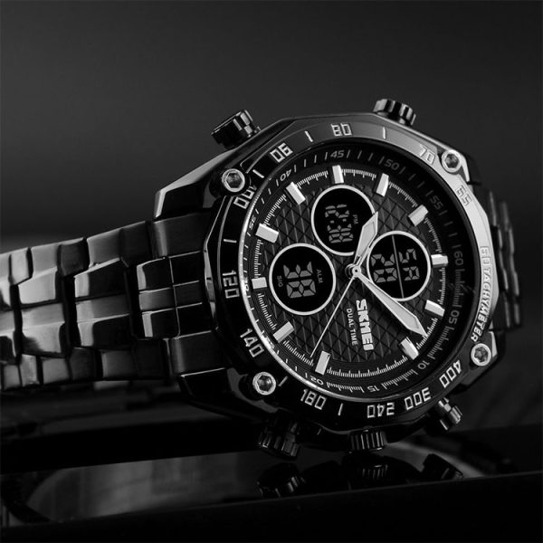 SKMEI 1302 Fashion Men Leisure Wrist Watch Multifunctional Dual-time Sports Digital Watch with Stainless Steel Watchband 30m Waterproof (Silver+Black) - Image 9