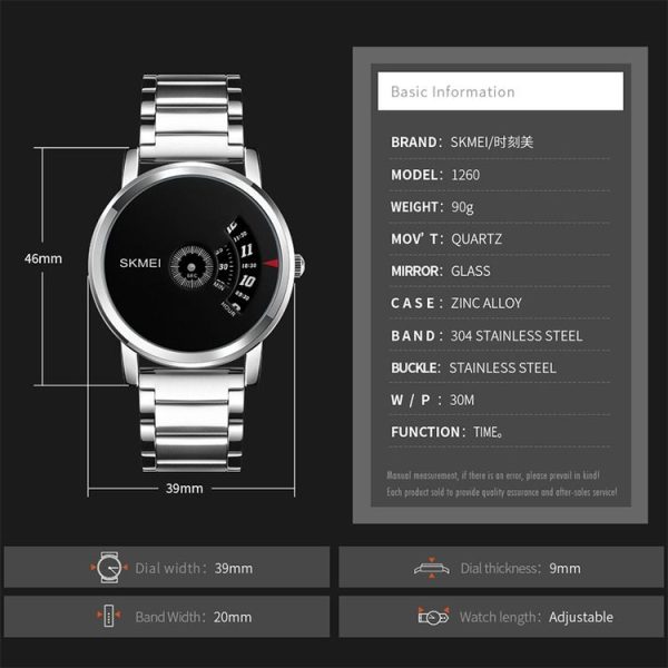 SKMEI 1260 Fashion Creative Pointer 30m Waterproof Quartz Wrist Watch with Stainless Steel Watchband (Silver+Black) - Image 5