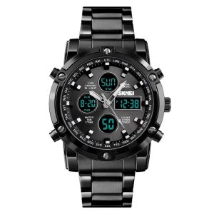 SKMEI 1389 Multifunctional Men Business Digital Watch 30m Waterproof Large Dial Wrist Watch with Stainless Steel Watchband (Black)