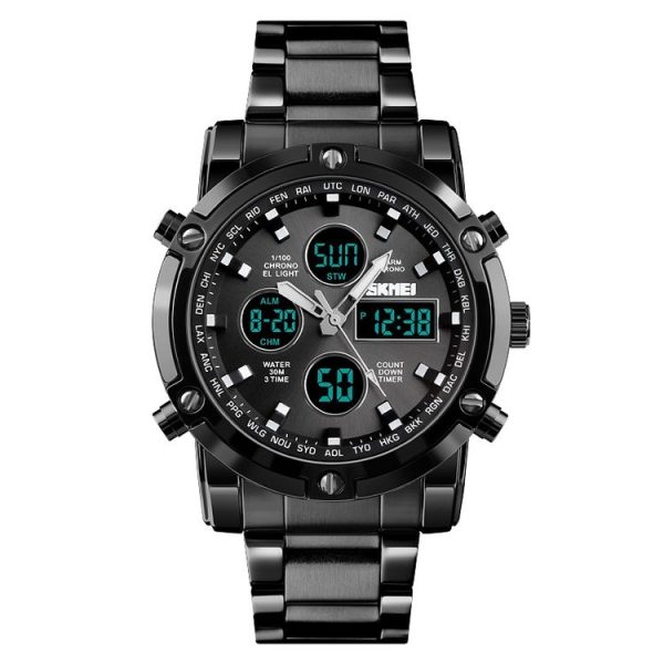 SKMEI 1389 Multifunctional Men Business Digital Watch 30m Waterproof Large Dial Wrist Watch with Stainless Steel Watchband (Black)