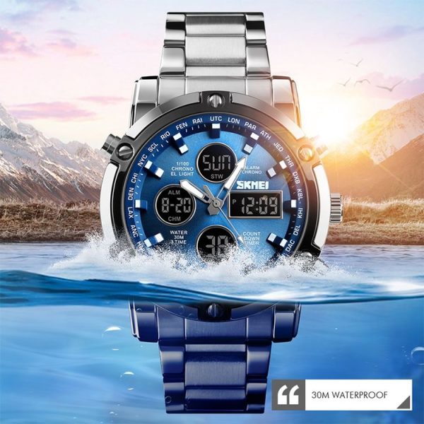 SKMEI 1389 Multifunctional Men Business Digital Watch 30m Waterproof Large Dial Wrist Watch with Stainless Steel Watchband (Black) - Image 10