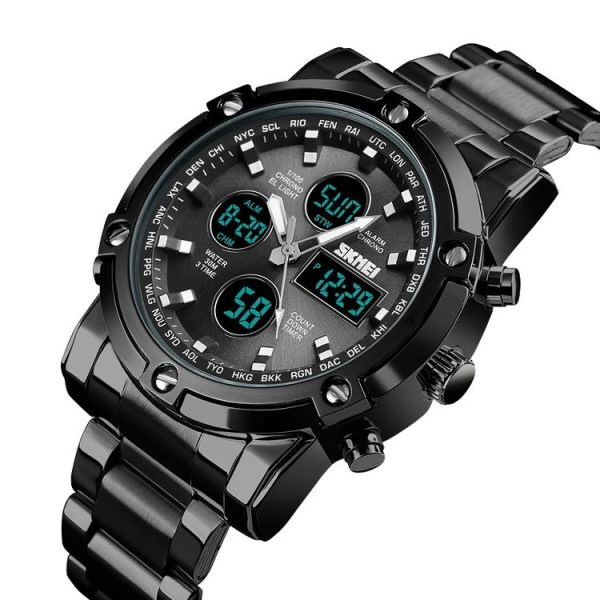 SKMEI 1389 Multifunctional Men Business Digital Watch 30m Waterproof Large Dial Wrist Watch with Stainless Steel Watchband (Black) - Image 3