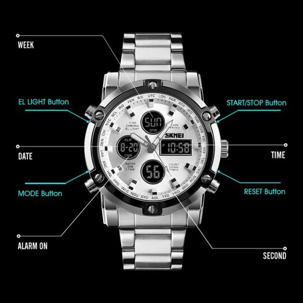 SKMEI 1389 Multifunctional Men Business Digital Watch 30m Waterproof Large Dial Wrist Watch with Stainless Steel Watchband (Black) - Image 4