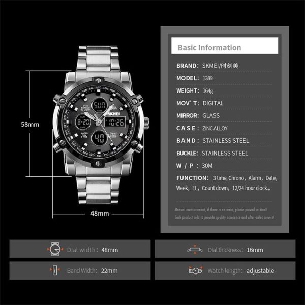 SKMEI 1389 Multifunctional Men Business Digital Watch 30m Waterproof Large Dial Wrist Watch with Stainless Steel Watchband (Black) - Image 5