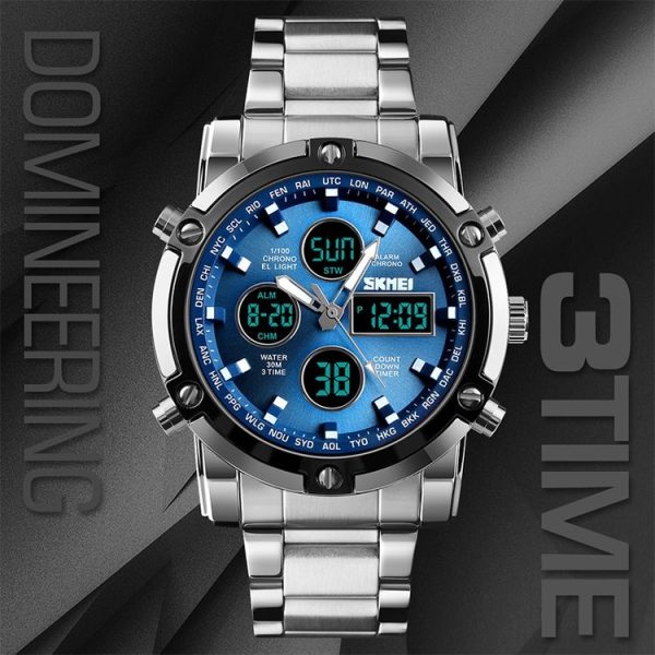SKMEI 1389 Multifunctional Men Business Digital Watch 30m Waterproof Large Dial Wrist Watch with Stainless Steel Watchband (Black) - Image 7