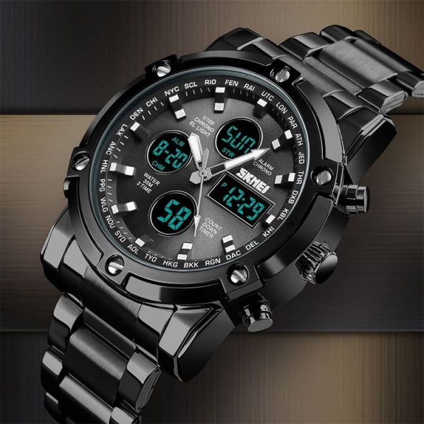 SKMEI 1389 Multifunctional Men Business Digital Watch 30m Waterproof Large Dial Wrist Watch with Stainless Steel Watchband (Black) - Image 8