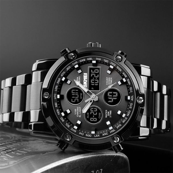 SKMEI 1389 Multifunctional Men Business Digital Watch 30m Waterproof Large Dial Wrist Watch with Stainless Steel Watchband (Black) - Image 9