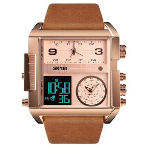 SKMEI 1391 Multifunctional Men Business Digital Watch 30m Waterproof Square Dial Wrist Watch with Leather Watchband (Brown)