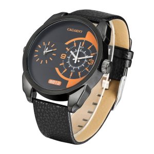 CAGARNY 6813 Fashionable Dual Clock Quartz Business Wrist Watch with Leather Band for Men (Black Case Black Band)