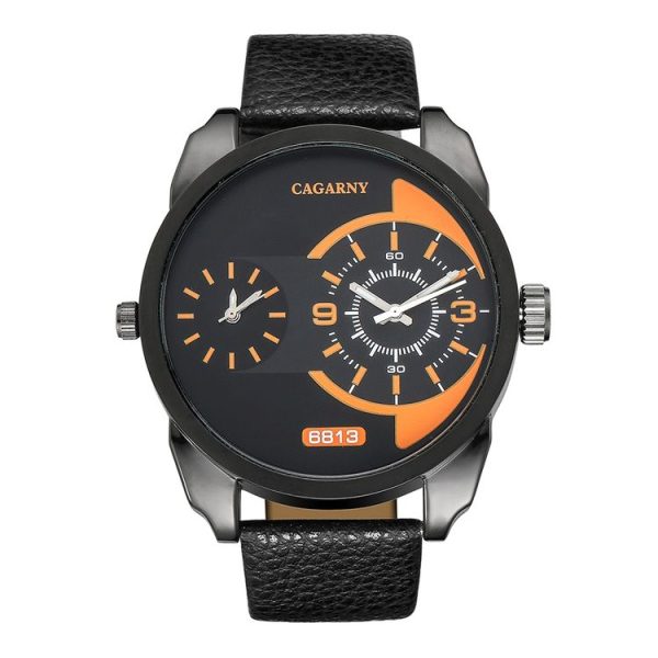 CAGARNY 6813 Fashionable Dual Clock Quartz Business Wrist Watch with Leather Band for Men (Black Case Black Band) - Image 2