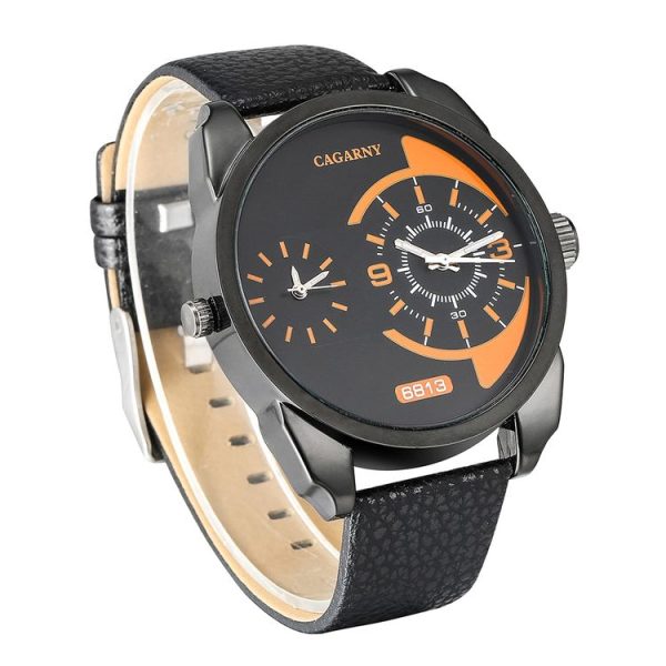 CAGARNY 6813 Fashionable Dual Clock Quartz Business Wrist Watch with Leather Band for Men (Black Case Black Band) - Image 4
