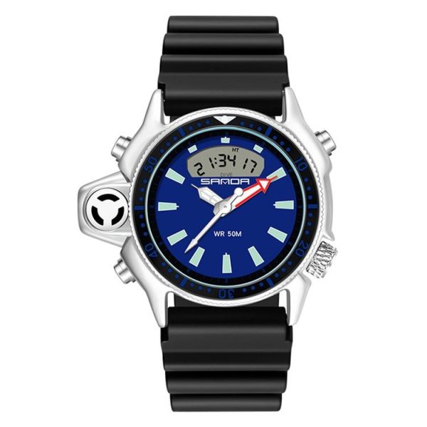 SANDA 3008 Multifunctional Men Outdoor Sports Noctilucent 50m Waterproof Digital Wrist Watch (Black Blue)