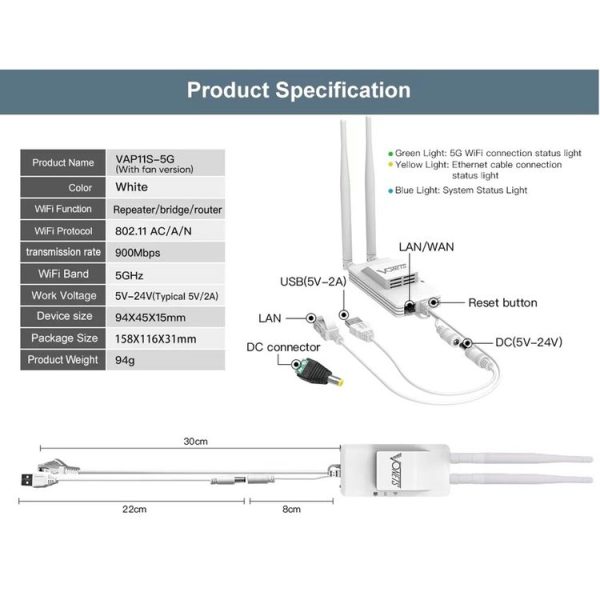 VONETS VAP11S-5G Mini Wireless Bridge 900Mbp WiFi Repeater with 2 Antennas & Fan (White) - Image 6