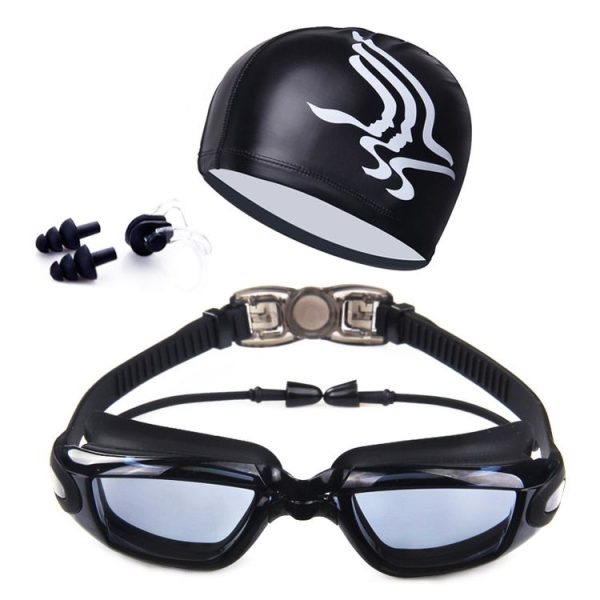 High-definition Waterproof Fogproof Swimming Goggles with Swimming Cap (Black) - Image 2
