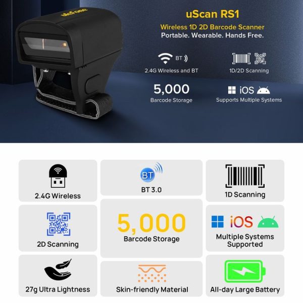 Ulefone uScan RS1 Mini Wireless Bluetooth Ring Scanner (Black) - Image 6
